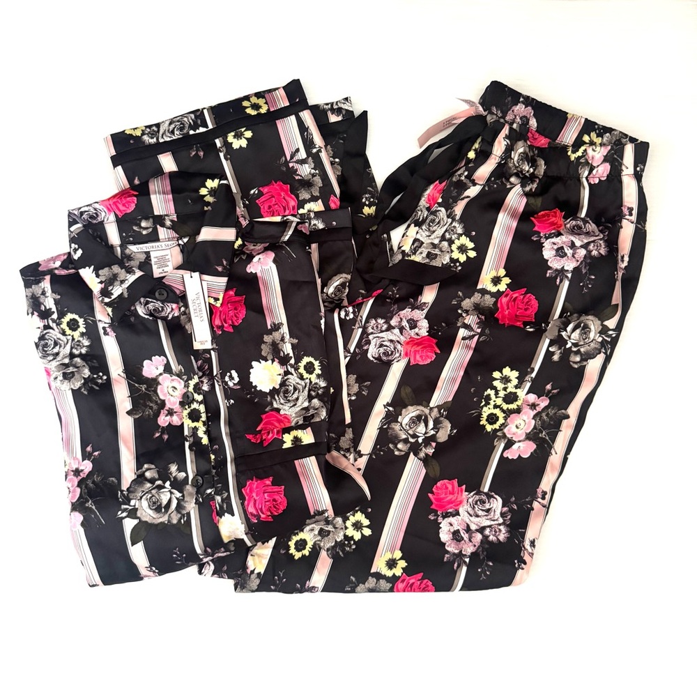 Victoria's Secret Satin PJs Pajamas Black Floral Stripe Print VS Size Medium - Picture 4 of 8